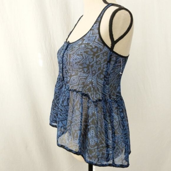 Urban Outfitters Ecote Sheer Blue Black Half Button Down Keyhole Tank Top XS - Picture 3 of 7